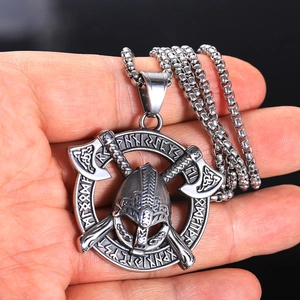 Vintage Viking warrior pendant with double axes and runes on a steel square box chain