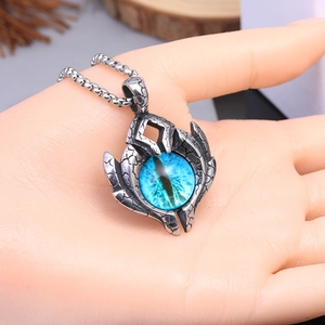 Retro stainless steel dragon eye pendant necklace with blue eye and flame detail