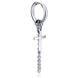 Minimalist silver steel cross hoop earring with twisted chain tassel dangle