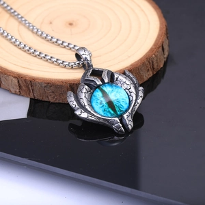 Retro stainless steel necklace with blue devil eye pendant and punk flame engraving