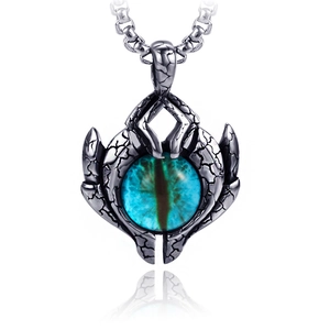 Retro stainless steel dragon eye pendant with blue pupil and rock texture on white background