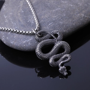 Vintage viking stainless steel snake pendant necklace with detailed scales and snake chain