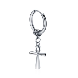 Retro Titanium Steel Ankh Cross Hoop Earring For Unisex Greek Key Meander Pattern Edgy Hip Hop Jewelry Punk Dangle Earring