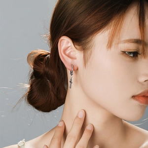 Minimalist silver cross hoop earrings in polished titanium steel for hip-hop style