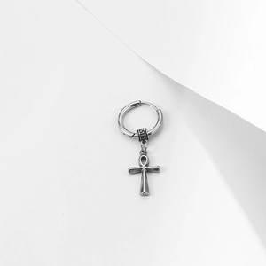 Vintage hip hop cross hoop earring with polished Ankh charm and engraved bead detailing