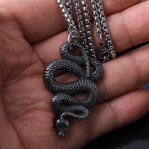 Vintage stainless steel snake pendant necklace with detailed scales and punk box chain