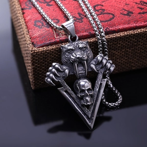 Vintage stainless steel saber-toothed tiger and skull pendant necklace for men