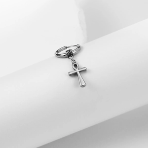 Silver hoop earring with Ankh cross pendant and greek key pattern on white background