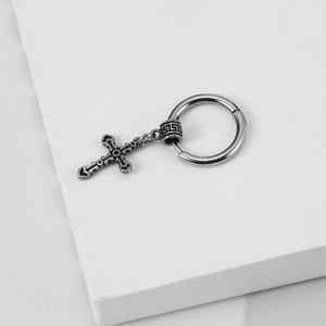 Vintage gothic hoop earrings with cross pendants in silver-toned stainless steel