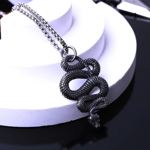 Vintage stainless steel snake pendant necklace with detailed scales on box chain
