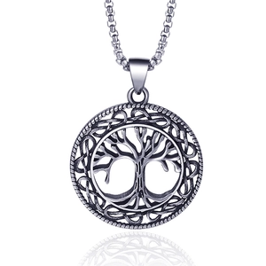 Collier Pendentif Crâne Arbre de Vie en Acier Inoxydable Vintage Hommes Femmes Médaillon Rond Nœud Celtique Rétro