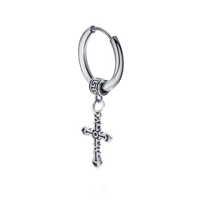 Retro stainless steel hoop earring with engraved pattern and silver cross pendant