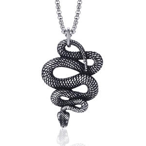 Vintage Viking Snake Pendant Necklace For Men Women Stainless Steel Animal Serpent Pendant With Square Pearl Chain Jewelry