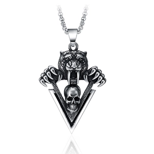 Gothic Sabertooth Tiger Skull Pendant Necklace For Men Vintage Stainless Steel Biker Punk Jewelry Retro Silver Black Charm