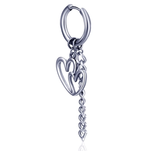 Detail of silver steel hoop earring with double hollow hearts and twisted chain drop