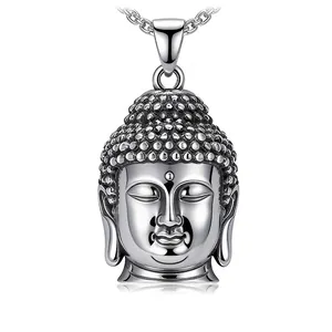 Collier Pendentif Tête de Bouddha Vintage Acier Titane Religieux Shakyamuni Argent Antique Bijoux Punk Hip Hop pour Hommes Femmes