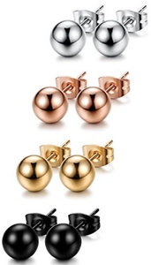 Polished titanium steel ball stud earrings in silver, gold, rose gold and black set