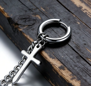 Detail of vintage hip-hop cross earring with curb chain on a rustic wooden background