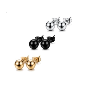 Three pairs of polished stainless steel ball stud earrings in silver, black, and gold colors