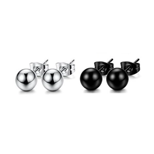 Polished silver and black ball stud earrings set in minimalist stainless steel