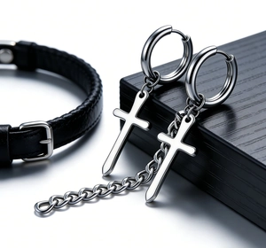Detail of cross pendant hoop earrings with stainless steel chain in gothic punk style