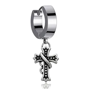 Vintage 304 Stainless Steel Cross Hoop Earrings For Men Women Punk Goth Gothic Religious Pendant Ear Buckle Jewelry Gift