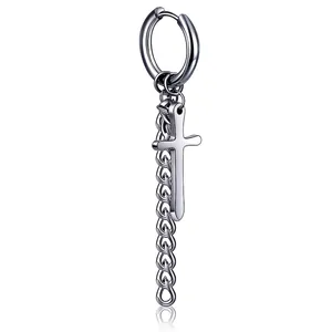 Minimalist Stainless Steel Cross Chain Hoop Earrings For Women Men Hip Hop Punk Style Single Piercing Jewelry Accessory