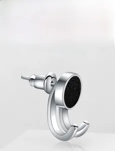 Modern double loop hook silver earring with a unique black crystal disk design detail