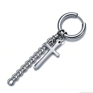 Punk style silver stainless steel hoop earring with cross pendant and chain tassel