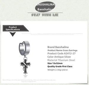 Macro detail of antique silver titanium steel cross earring with dimensions and weight