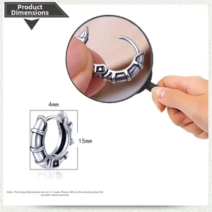 Detail showing 15mm diameter stainless steel hoop earring with textured surface