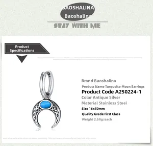 Détails de la boucle d'oreille lune turquoise avec dimensions 16x50mm et poids 2,68g