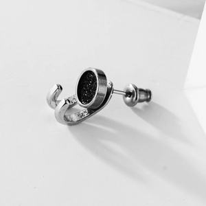 Punk rock silver stainless steel stud earring with black glitter inlay and U-shaped hook