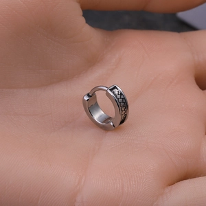 Silver stainless steel huggie earring for men with intricate dragon woven texture
