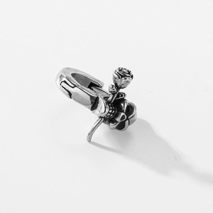 Punk style silver titanium steel skull and rose huggie earring with vintage finish