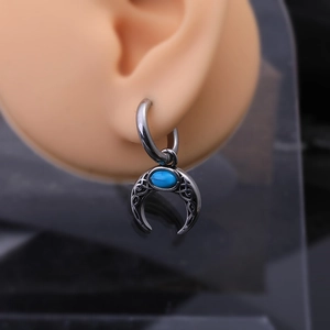 Boucle d'oreille homme en acier vintage avec pendentif lune incrusté de turquoise