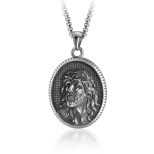 Vintage Stainless Steel Jesus Christ Portrait Shield Pendant Necklace For Men Religious Cross Embossed Medallion Jewelry