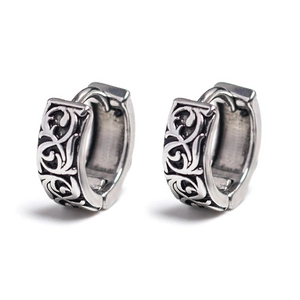 Mens dragon totem engraved stainless steel hoop earrings with vintage silver finish