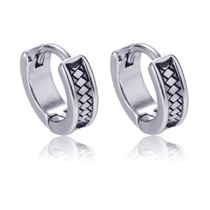 Mens stainless steel hoop earrings with embossed dragon totem geometric pattern in retro silver