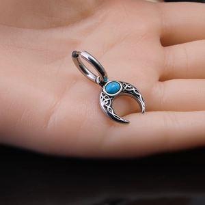 Boucle d'Oreille Pendentif Lune en Acier Inoxydable Vintage pour Hommes Argent Antique Turquoise Nœud Celtico Bijoux Hip Hop