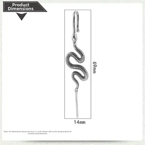 Detailed size chart for snake-shaped earring measuring 69mm in length and 14mm in width