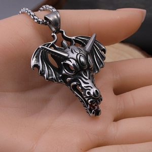 Vintage stainless steel dragon head pendant with red stone on silver chain necklace