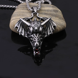 Vintage stainless steel dragon head pendant with red gemstone and silver box chain