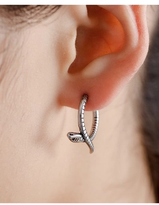 Macro view of vintage titanium steel snake hoop earring with detailed scale texture