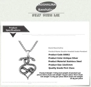 Détails du pendentif serpent argent antique avec dimensions et poids en acier inoxydable