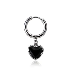 Heren Roestvrij Stalen Hart Creolen Vintage Zwarte Emaille Hart Hanger Huggie Oorbellen Mode Piercing Sieraden Voor Mannen