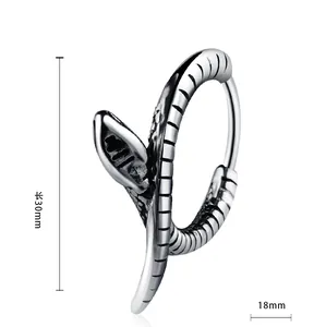 Detailed macro view of retro stainless steel snake earring with 30mm length scale