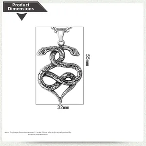 Tableau de tailles détaillé montrant le pendentif double serpent de 55mm sur 32mm style rétro