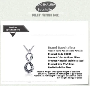 Detailed spec sheet for a vintage antique silver snake pendant made of stainless steel