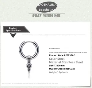 Detail of stainless steel hoop earring featuring a minimalist spearhead pendant for men